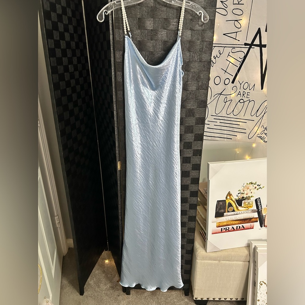 Bebe Satin Light Blue Dress with Pearl Straps